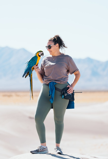 Criadora con Ara ararauna en el brazo — montañas al fondo del desierto