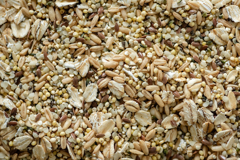 Macro extrême du mélange de graines pour perroquets — texture de flocons d'avoine, millet et lin, détail photographique