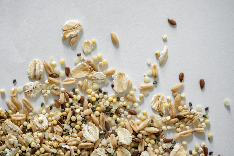 Flat lay artistique de graines pour perroquets sur surface blanche — millet, avoine, lin et chia en composition élégante