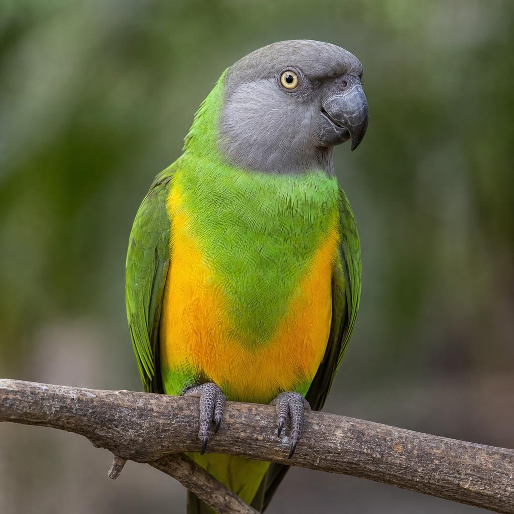 Loro Senegal (Poicephalus senegalus) – cabeza gris y pecho naranja